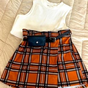 Girls Tank Top & Belted Plaid 2 In 1 Shorts